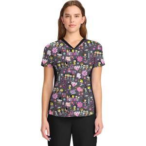 Cherokee Women’s V-Neck Printed Scrub Top Contemporary Fit with Contrast Panels, Princess Seams & Patch Pockets – TF783(Be-you-tiful)