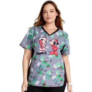 Cherokee Women’s V-Neck Printed Scrub Top Contemporary Fit with Contrast Panels, Princess Seams & Patch Pockets – TF783(Under the Mistletoe)