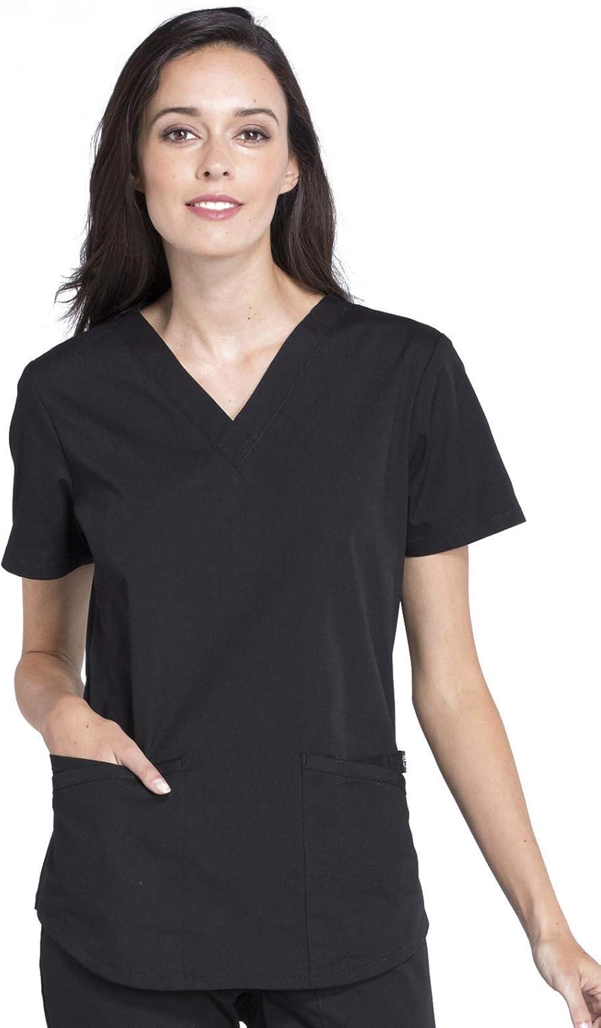 imageCherokee Women Scrub Set Modern Fit 3 Pocket VNeck Top WW665 with 6 Pocket Mid Rise Straight Leg Pants WW170Black
