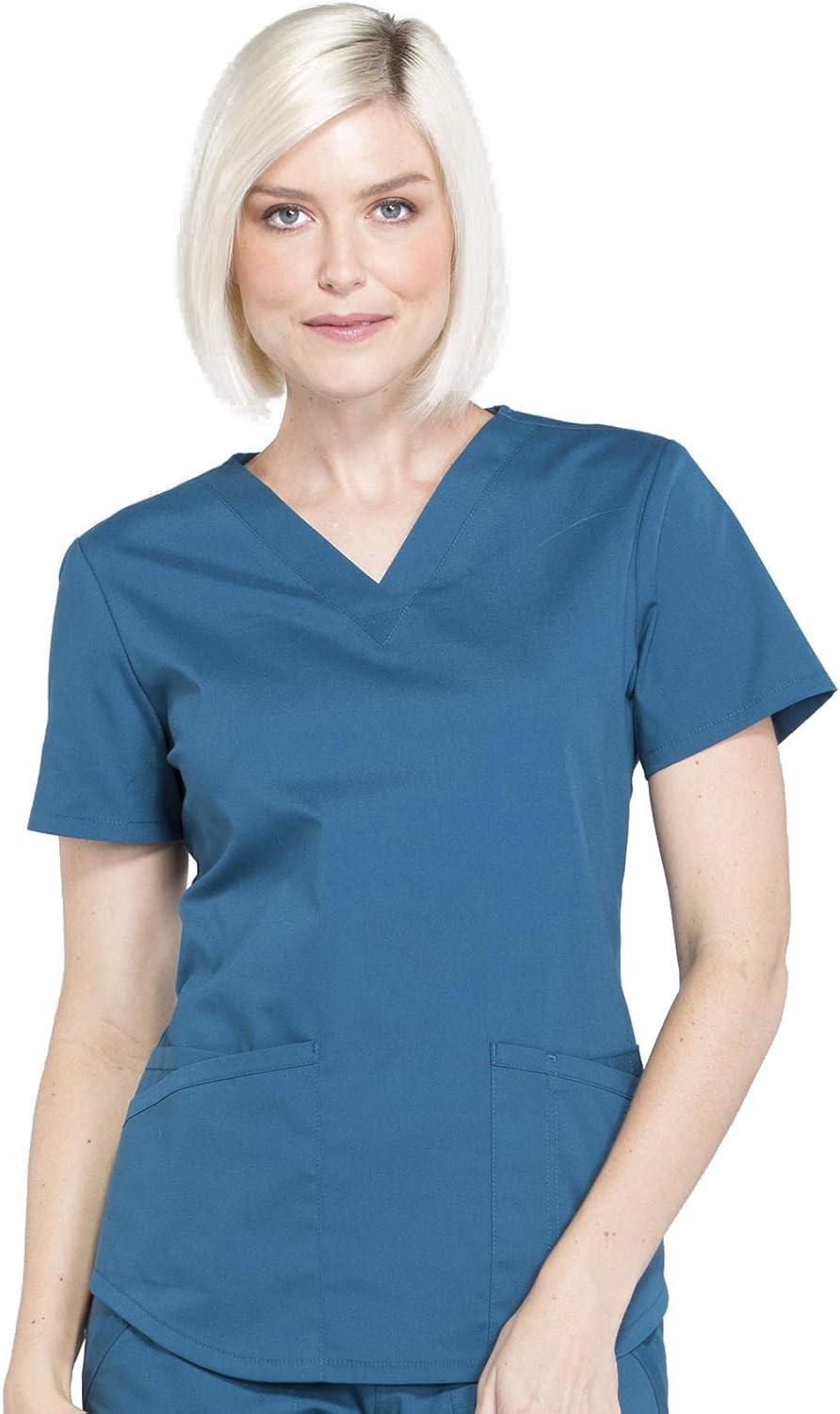 imageCherokee Women Scrub Set Modern Fit 3 Pocket VNeck Top WW665 with 6 Pocket Mid Rise Straight Leg Pants WW170Caribbean Blue