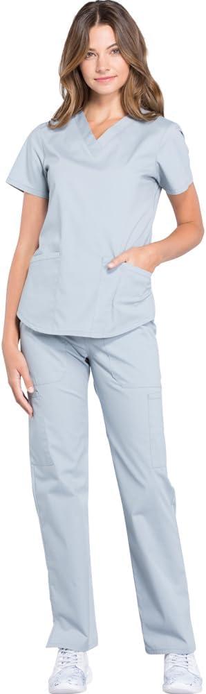 imageCherokee Women Scrub Set Modern Fit 3 Pocket VNeck Top WW665 with 6 Pocket Mid Rise Straight Leg Pants WW170Grey