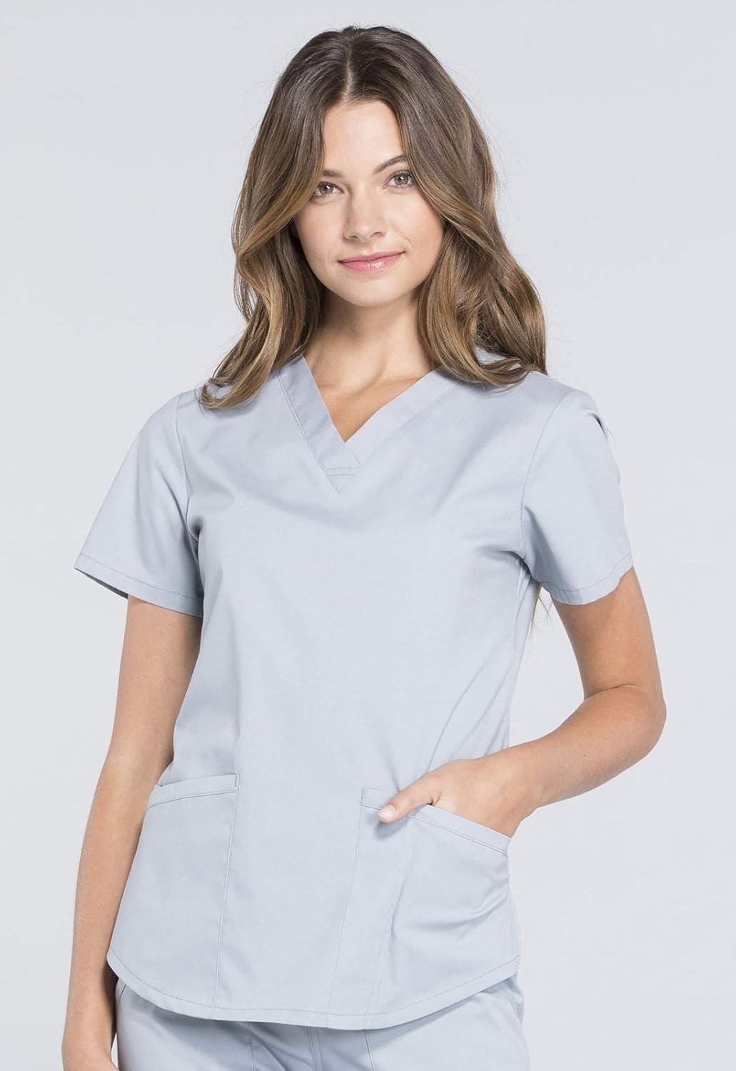 imageCherokee Women Scrub Set Modern Fit 3 Pocket VNeck Top WW665 with 6 Pocket Mid Rise Straight Leg Pants WW170Grey