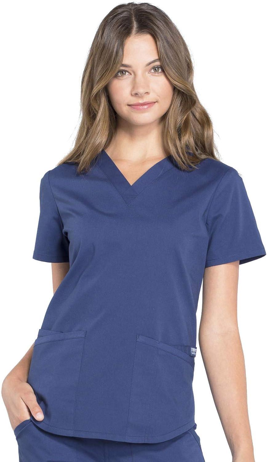 imageCherokee Women Scrub Set Modern Fit 3 Pocket VNeck Top WW665 with 6 Pocket Mid Rise Straight Leg Pants WW170Navy