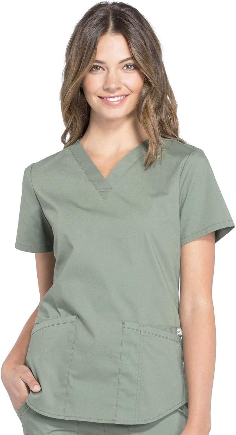 imageCherokee Women Scrub Set Modern Fit 3 Pocket VNeck Top WW665 with 6 Pocket Mid Rise Straight Leg Pants WW170Olive
