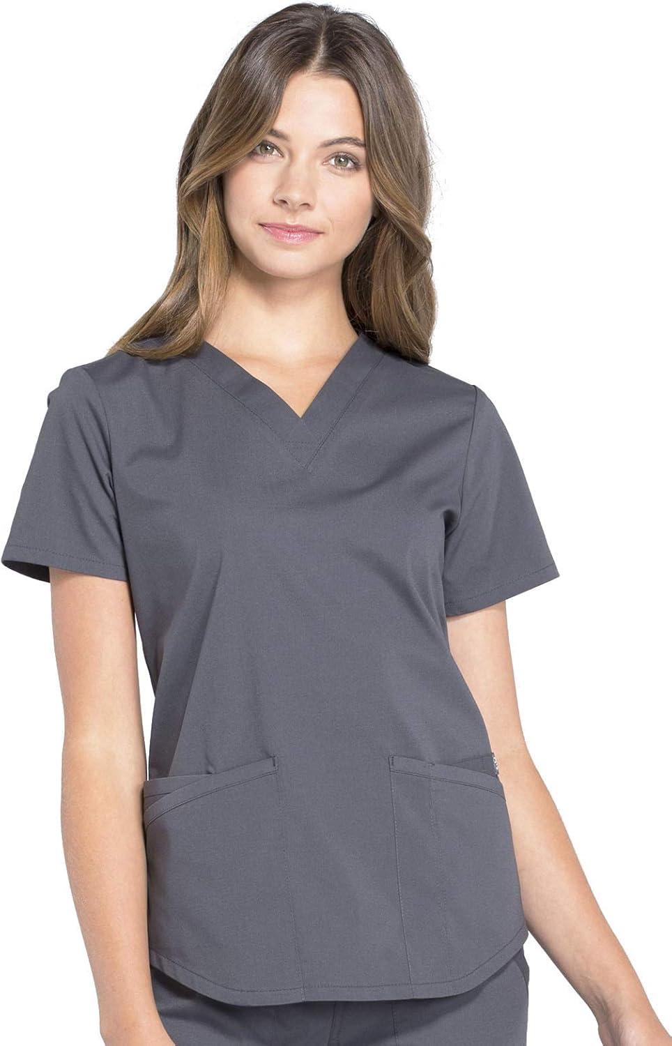 imageCherokee Women Scrub Set Modern Fit 3 Pocket VNeck Top WW665 with 6 Pocket Mid Rise Straight Leg Pants WW170Pewter