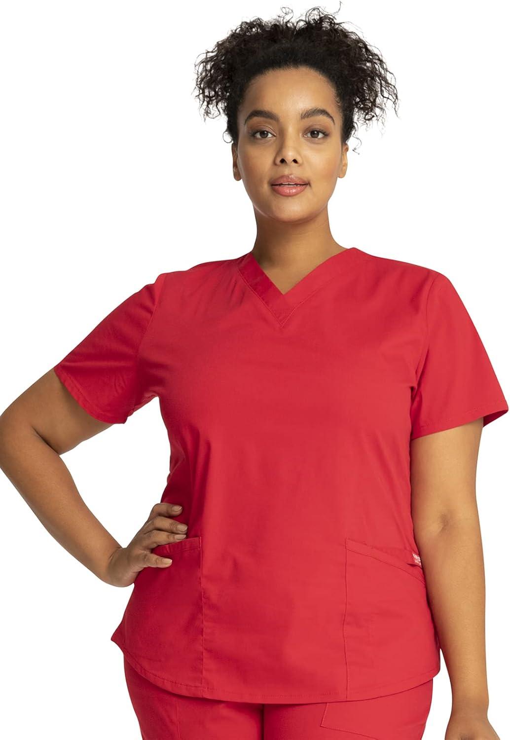 imageCherokee Women Scrub Set Modern Fit 3 Pocket VNeck Top WW665 with 6 Pocket Mid Rise Straight Leg Pants WW170Red