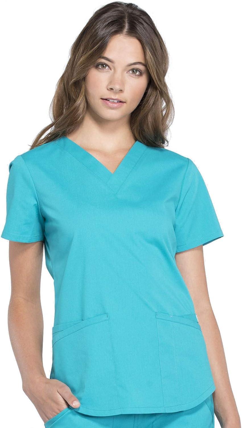 imageCherokee Women Scrub Set Modern Fit 3 Pocket VNeck Top WW665 with 6 Pocket Mid Rise Straight Leg Pants WW170Teal Blue
