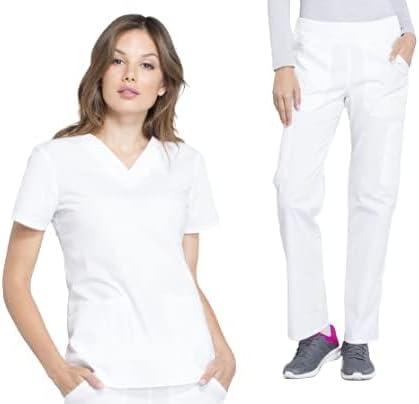 imageCherokee Women Scrub Set Modern Fit 3 Pocket VNeck Top WW665 with 6 Pocket Mid Rise Straight Leg Pants WW170White