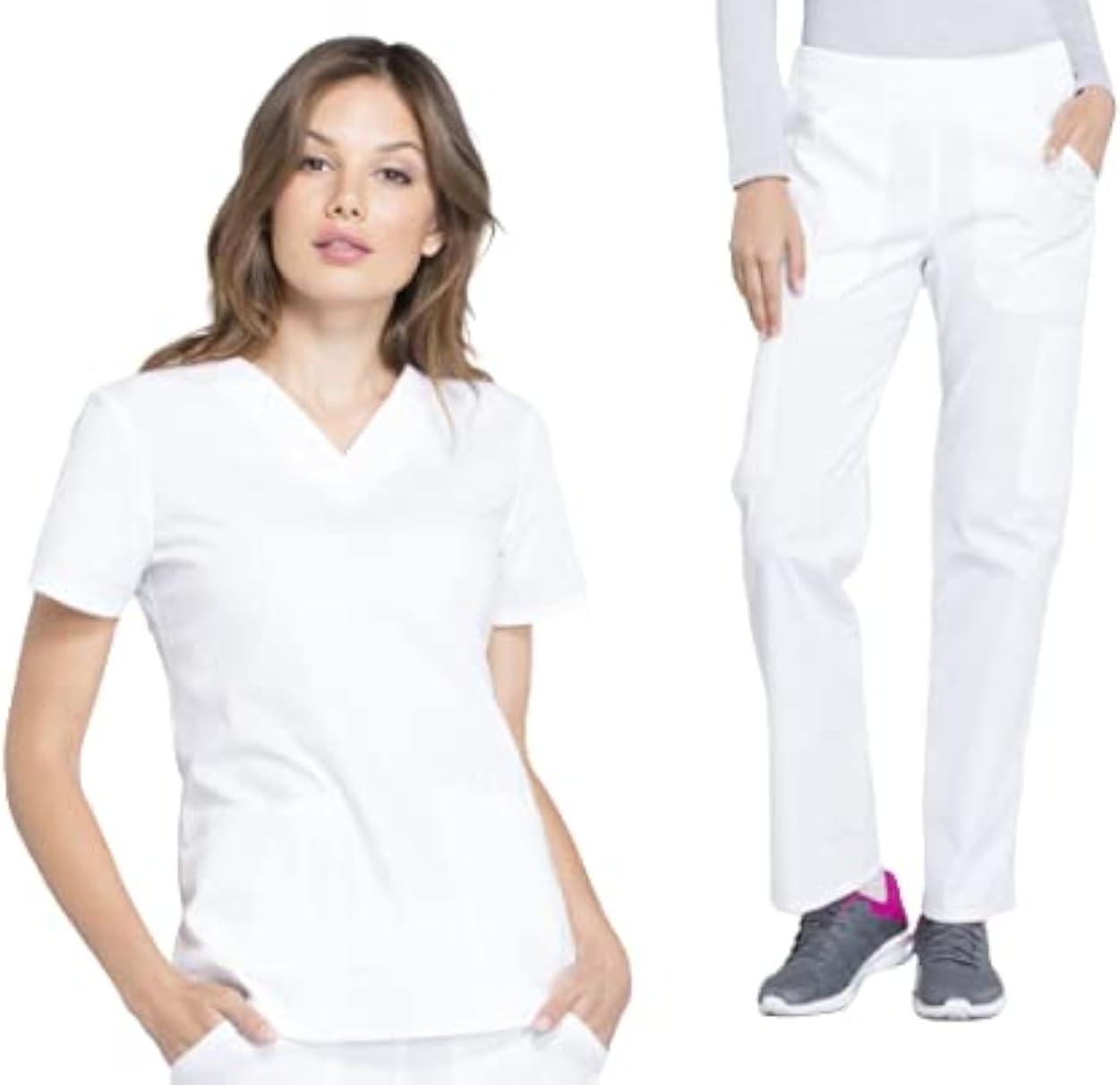 imageCherokee Women Scrub Set Modern Fit 3 Pocket VNeck Top WW665 with 6 Pocket Mid Rise Straight Leg Pants WW170White