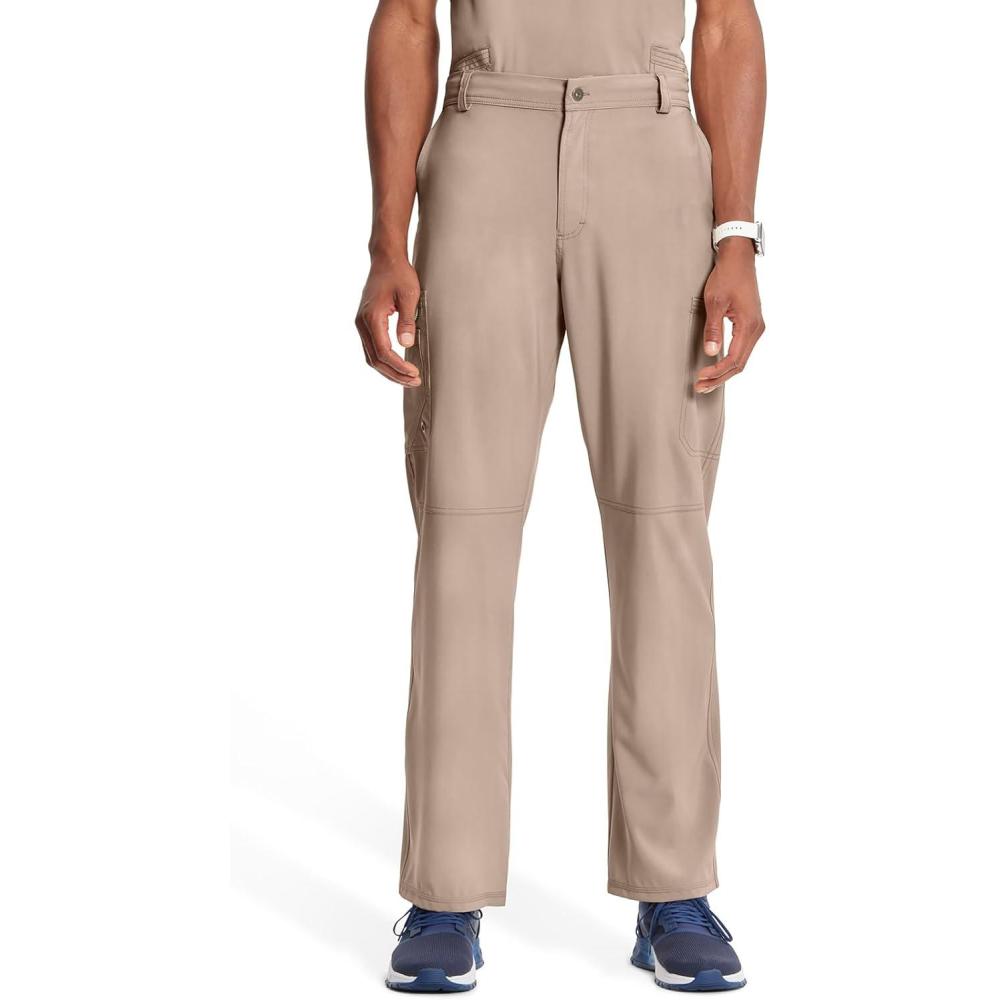 imageCherokee Infinity Men Scrub Pants 6 Pockets Tapered Leg with Zip Fly Front and Inside Functional Drawstring Cargo CK200AKhaki