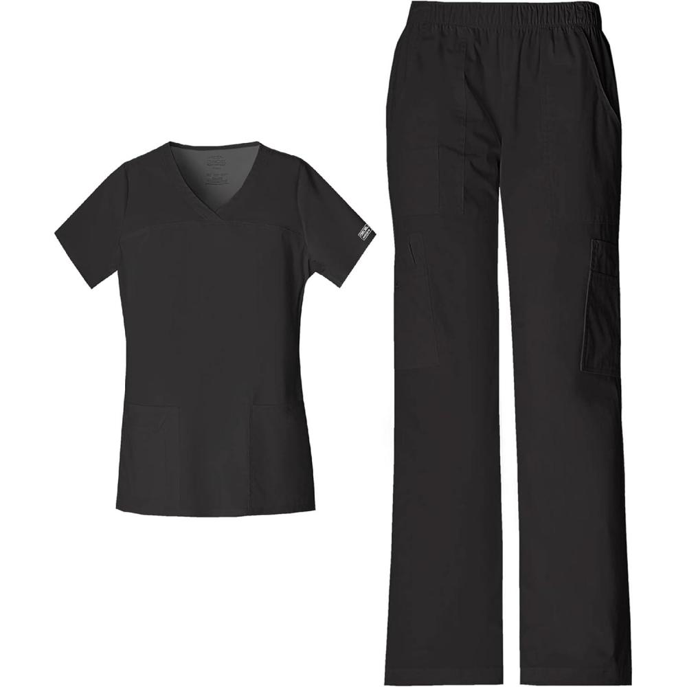 imageCherokee Scrub Set for Women with Our Modern Classic fit VNeck Top 4727 and Mid Rise PullOn Cargo Pant 4005 Black XS TopXS Pant