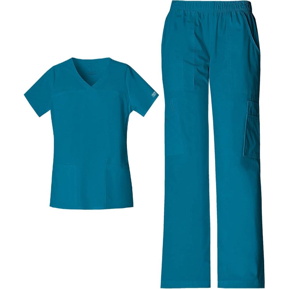 imageCherokee Scrub Set for Women with Our Modern Classic fit VNeck Top 4727 and Mid Rise PullOn Cargo Pant 4005Caribbean Blue