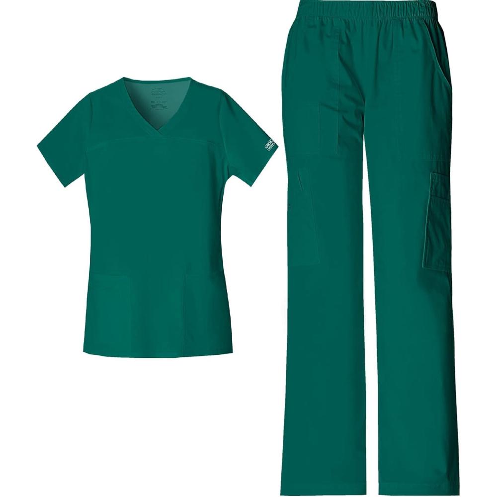 imageCherokee Scrub Set for Women with Our Modern Classic fit VNeck Top 4727 and Mid Rise PullOn Cargo Pant 4005Hunter Green