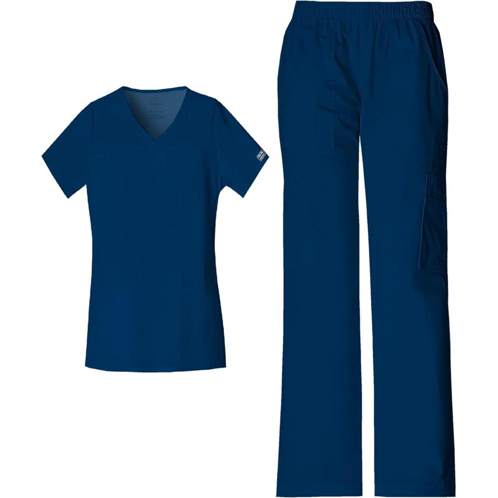 imageCherokee Scrub Set for Women with Our Modern Classic fit VNeck Top 4727 and Mid Rise PullOn Cargo Pant 4005Navy