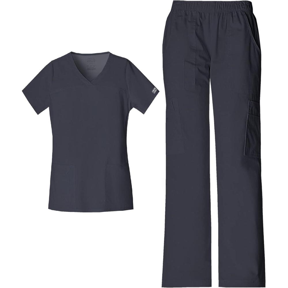 imageCherokee Scrub Set for Women with Our Modern Classic fit VNeck Top 4727 and Mid Rise PullOn Cargo Pant 4005Pewter