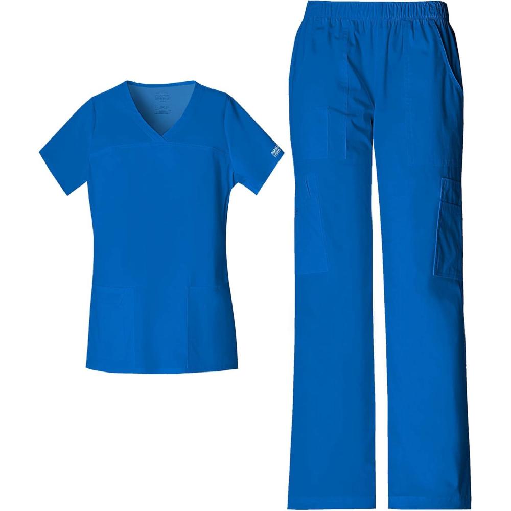 imageCherokee Scrub Set for Women with Our Modern Classic fit VNeck Top 4727 and Mid Rise PullOn Cargo Pant 4005Royal