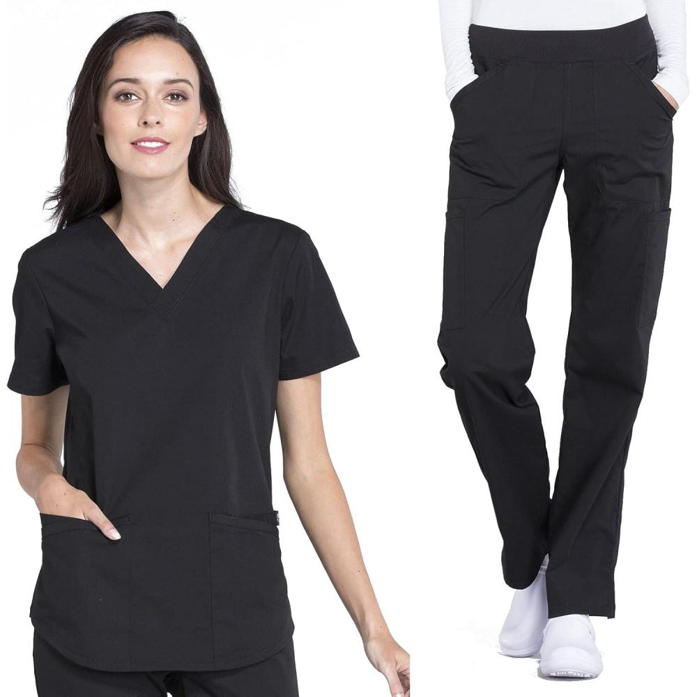 imageCherokee Women Scrub Set Modern Fit 3 Pocket VNeck Top WW665 with 6 Pocket Mid Rise Straight Leg Pants WW170Black
