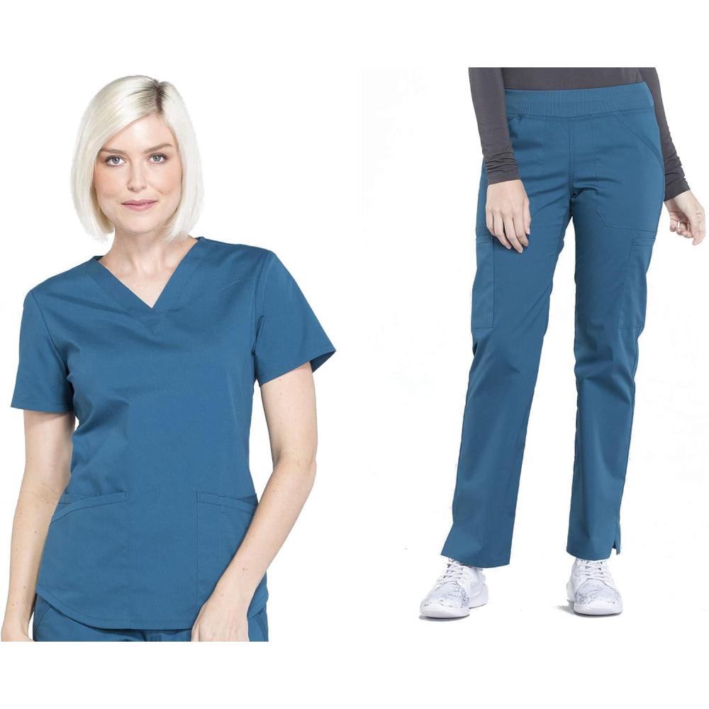 imageCherokee Women Scrub Set Modern Fit 3 Pocket VNeck Top WW665 with 6 Pocket Mid Rise Straight Leg Pants WW170Caribbean Blue