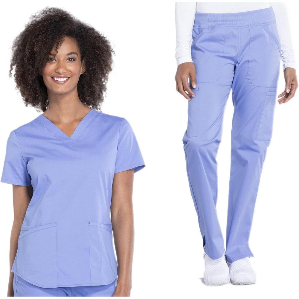 imageCherokee Women Scrub Set Modern Fit 3 Pocket VNeck Top WW665 with 6 Pocket Mid Rise Straight Leg Pants WW170Ciel