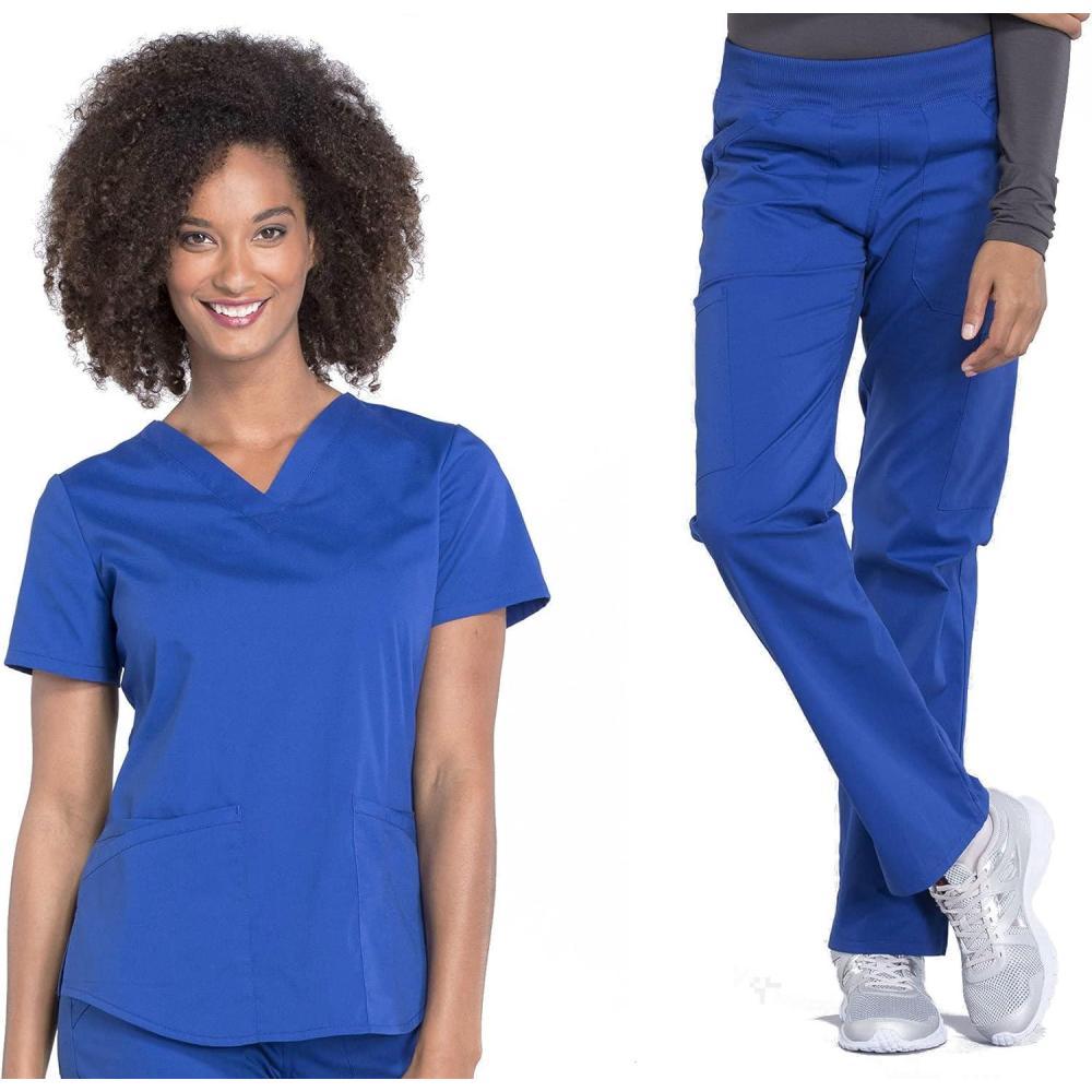 imageCherokee Women Scrub Set Modern Fit 3 Pocket VNeck Top WW665 with 6 Pocket Mid Rise Straight Leg Pants WW170Galaxy Blue