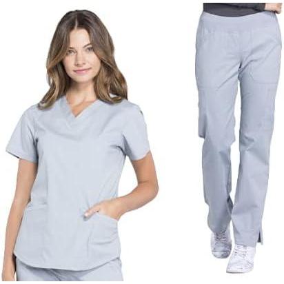 imageCherokee Women Scrub Set Modern Fit 3 Pocket VNeck Top WW665 with 6 Pocket Mid Rise Straight Leg Pants WW170Grey
