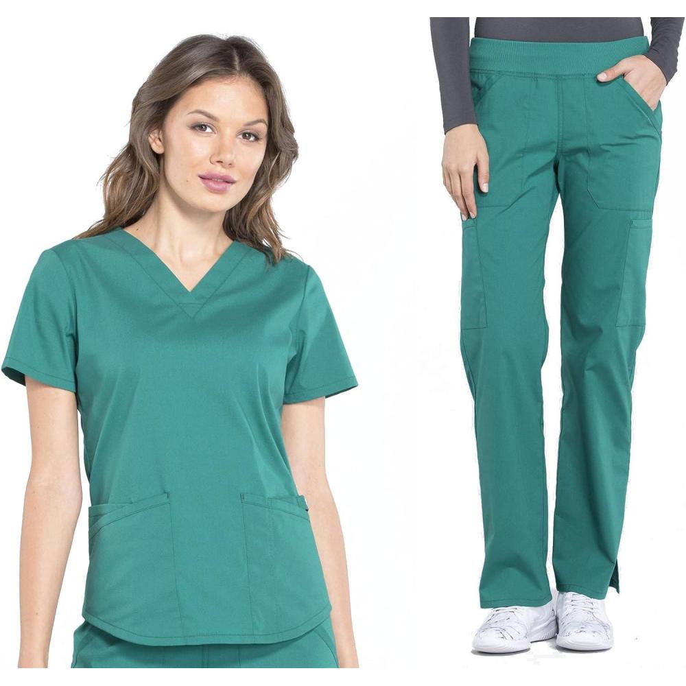 imageCherokee Women Scrub Set Modern Fit 3 Pocket VNeck Top WW665 with 6 Pocket Mid Rise Straight Leg Pants WW170Hunter Green
