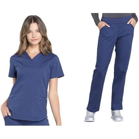 imageCherokee Women Scrub Set Modern Fit 3 Pocket VNeck Top WW665 with 6 Pocket Mid Rise Straight Leg Pants WW170Navy