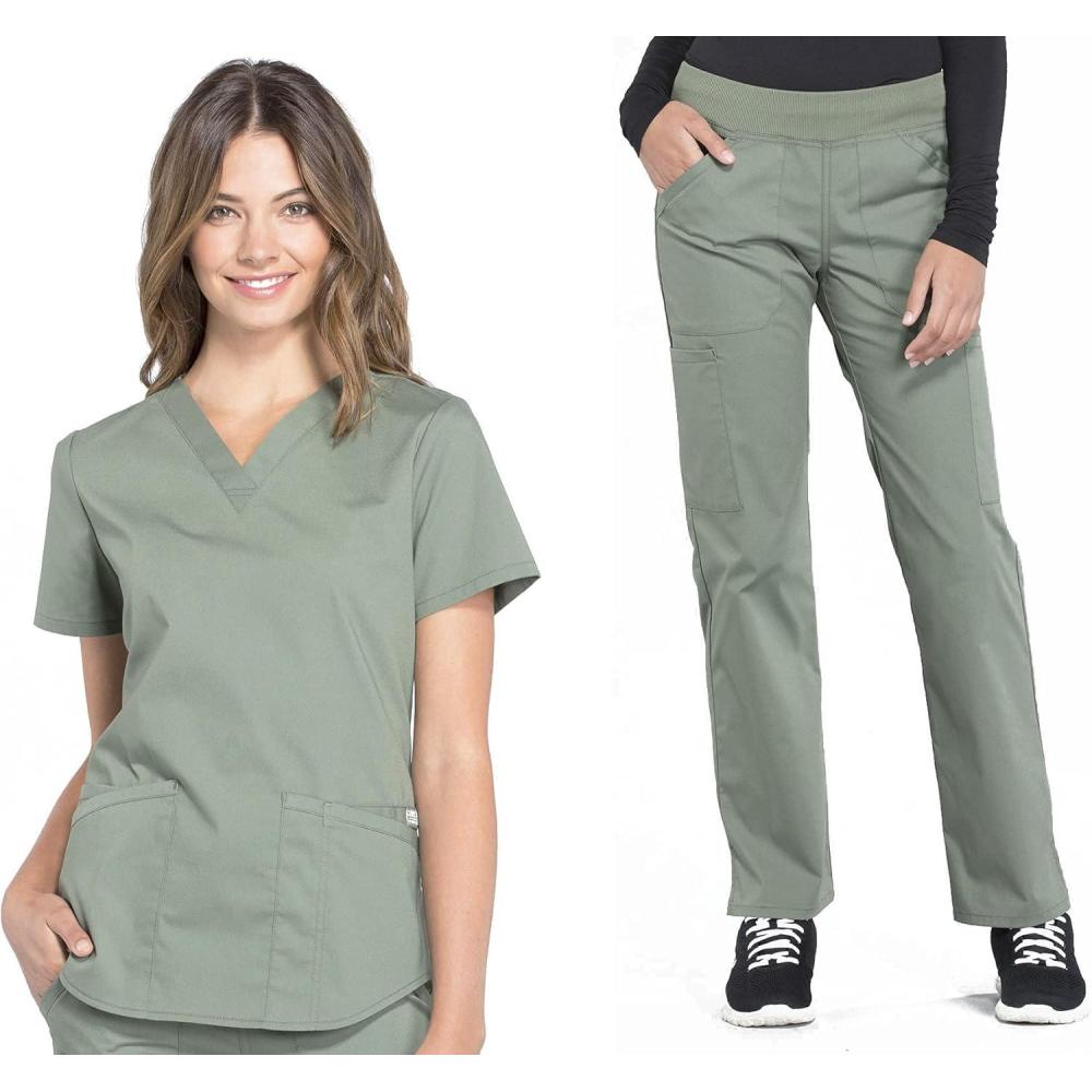 imageCherokee Women Scrub Set Modern Fit 3 Pocket VNeck Top WW665 with 6 Pocket Mid Rise Straight Leg Pants WW170Olive