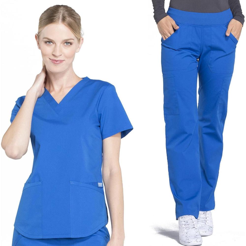 imageCherokee Women Scrub Set Modern Fit 3 Pocket VNeck Top WW665 with 6 Pocket Mid Rise Straight Leg Pants WW170Royal