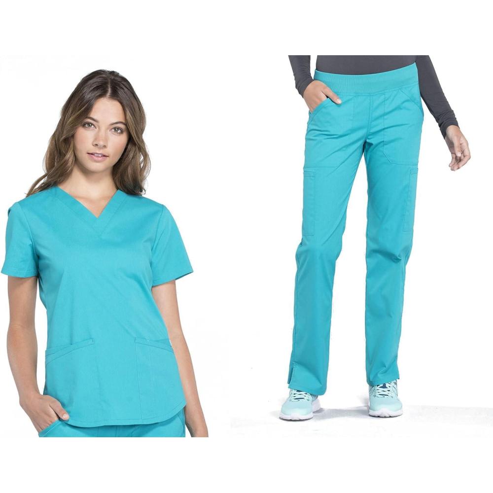 imageCherokee Women Scrub Set Modern Fit 3 Pocket VNeck Top WW665 with 6 Pocket Mid Rise Straight Leg Pants WW170Teal Blue