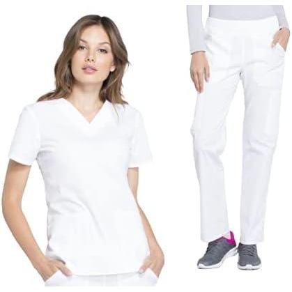 imageCherokee Women Scrub Set Modern Fit 3 Pocket VNeck Top WW665 with 6 Pocket Mid Rise Straight Leg Pants WW170White