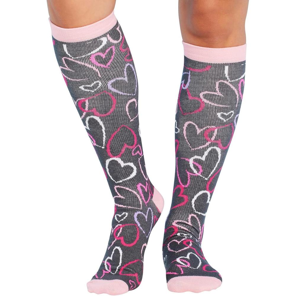 imageCherokee Womens 1015mmHg Compression Socks Fun Print Knee Highs with Light Support Soft Feel PRINTSUPPORTSketch Hearts