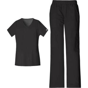 Cherokee Scrub Set for Women with Our Modern Classic fit V-Neck Top 4727 and Mid Rise Pull-On Cargo Pant 4005(Black)