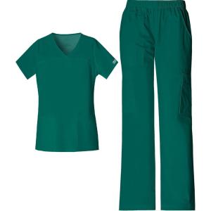 Cherokee Scrub Set for Women with Our Modern Classic fit V-Neck Top 4727 and Mid Rise Pull-On Cargo Pant 4005(Hunter Green)