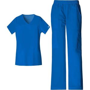 Cherokee Scrub Set for Women with Our Modern Classic fit V-Neck Top 4727 and Mid Rise Pull-On Cargo Pant 4005(Royal)