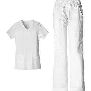 Cherokee Scrub Set for Women with Our Modern Classic fit V-Neck Top 4727 and Mid Rise Pull-On Cargo Pant 4005(White)