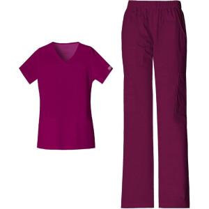 Cherokee Scrub Set for Women with Our Modern Classic fit V-Neck Top 4727 and Mid Rise Pull-On Cargo Pant 4005(Wine)