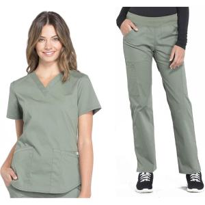 Cherokee Women Scrub Set Modern Fit 3 Pocket V-Neck Top WW665 with 6 Pocket Mid Rise Straight Leg Pants WW170(Olive)