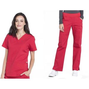 Cherokee Women Scrub Set Modern Fit 3 Pocket V-Neck Top WW665 with 6 Pocket Mid Rise Straight Leg Pants WW170(Red)