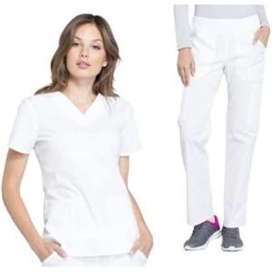 Cherokee Women Scrub Set Modern Fit 3 Pocket V-Neck Top WW665 with 6 Pocket Mid Rise Straight Leg Pants WW170(White)