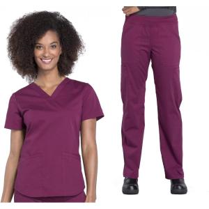 Cherokee Women Scrub Set Modern Fit 3 Pocket V-Neck Top WW665 with 6 Pocket Mid Rise Straight Leg Pants WW170(Wine)
