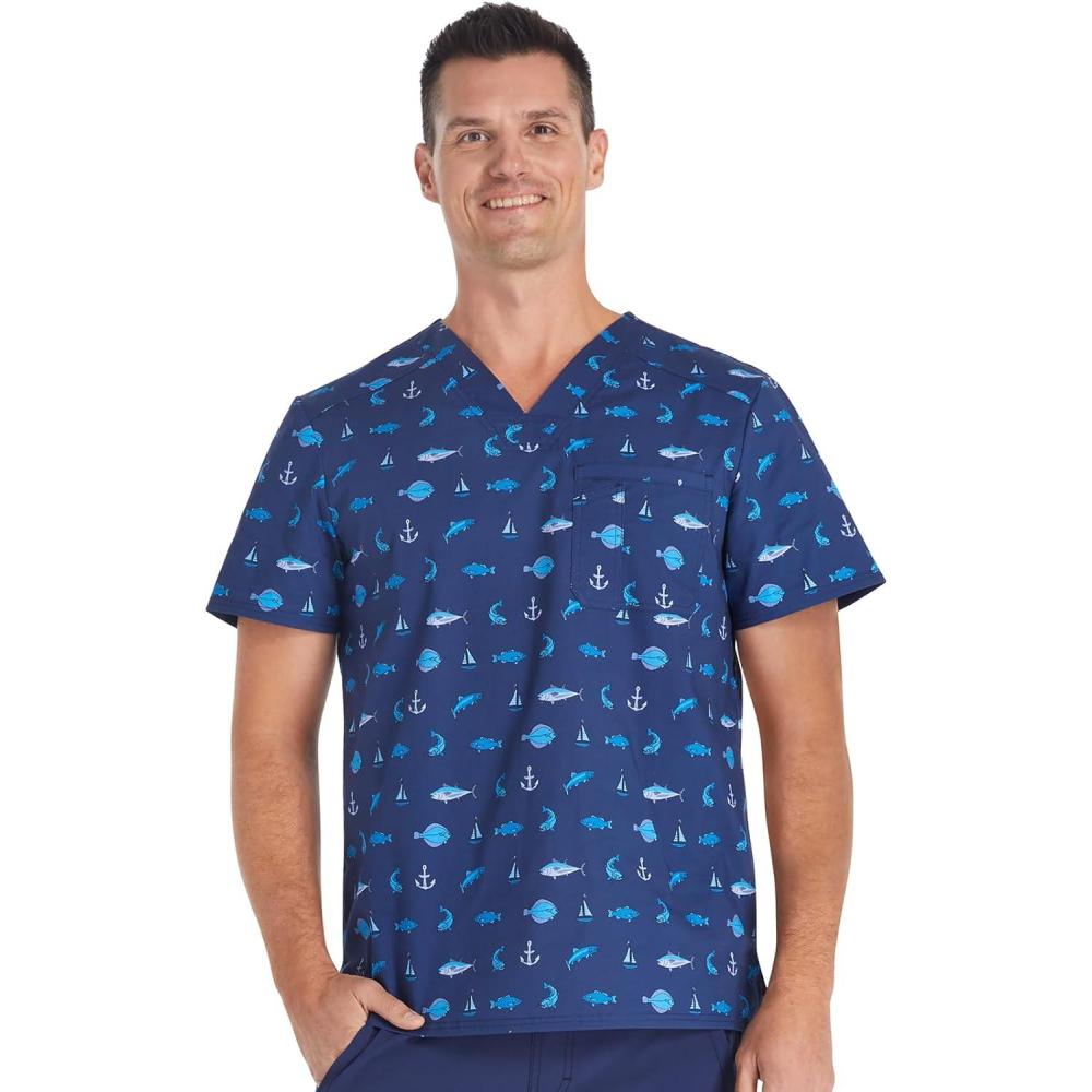 imageCherokee Prints Men Scrubs Top VNeck Print CK692Gone Fishin