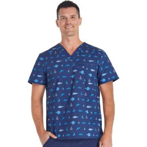 Cherokee Prints Men Scrubs Top V-Neck Print CK692(Gone Fishin’)