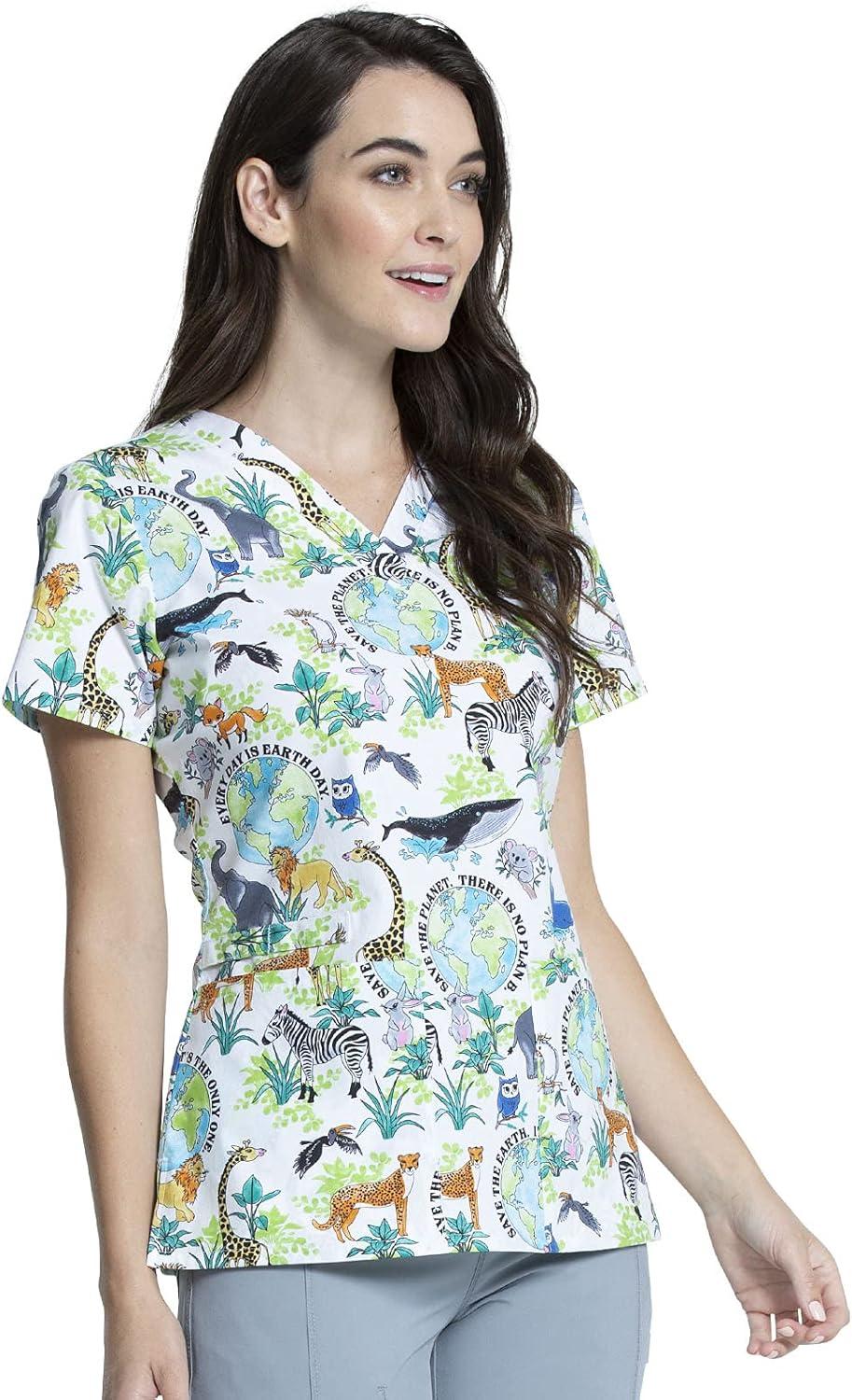 imageCherokee Prints Women Scrubs Top VNeck Print CK616Earth Day