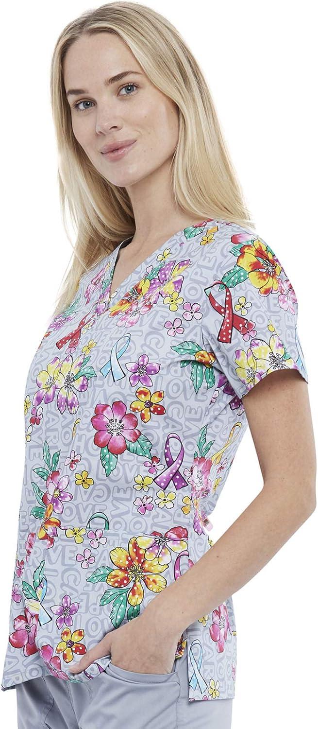 imageCherokee Prints Women Scrubs Top VNeck Print CK616Friendly Flowers
