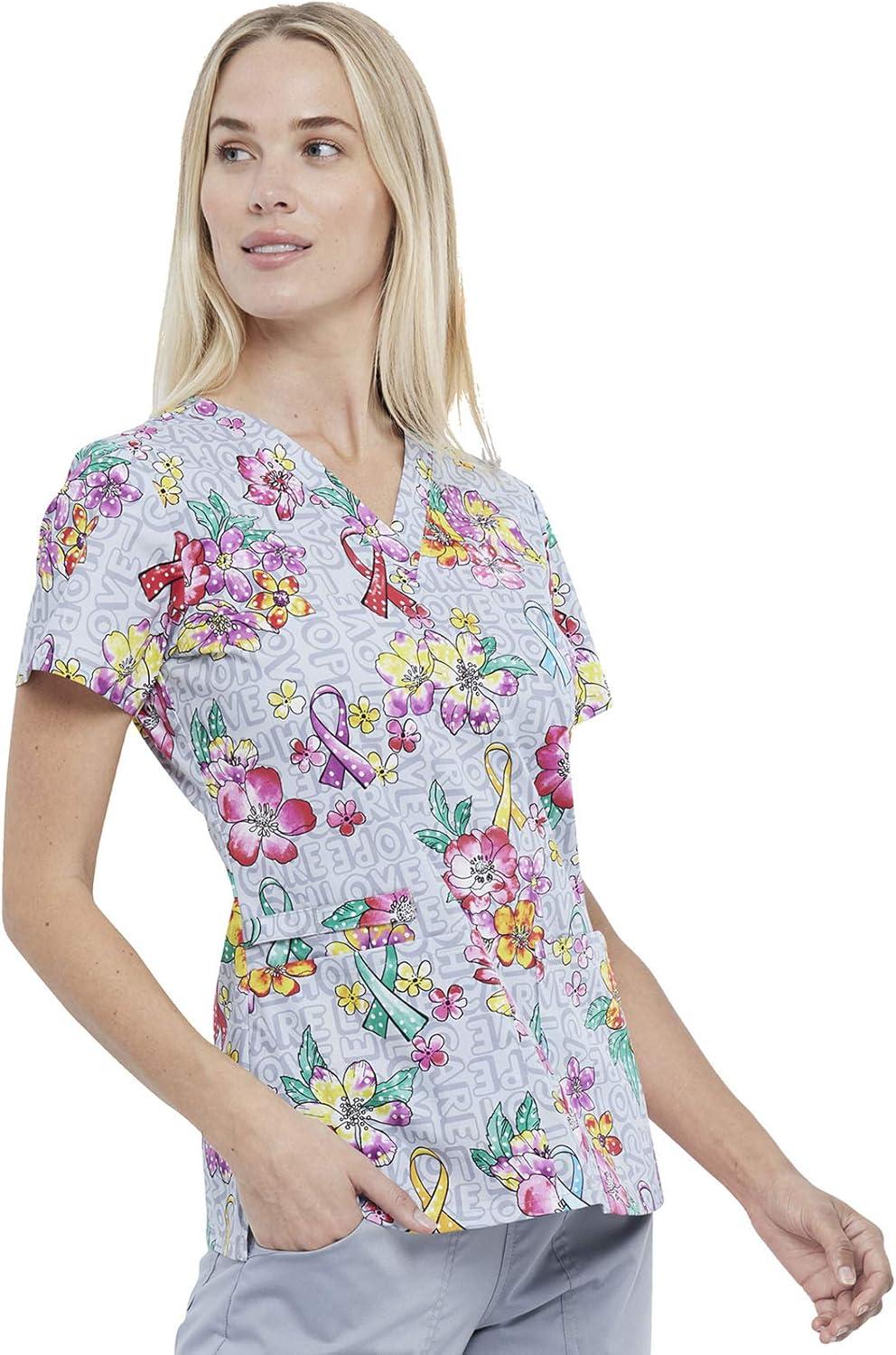 imageCherokee Prints Women Scrubs Top VNeck Print CK616Friendly Flowers