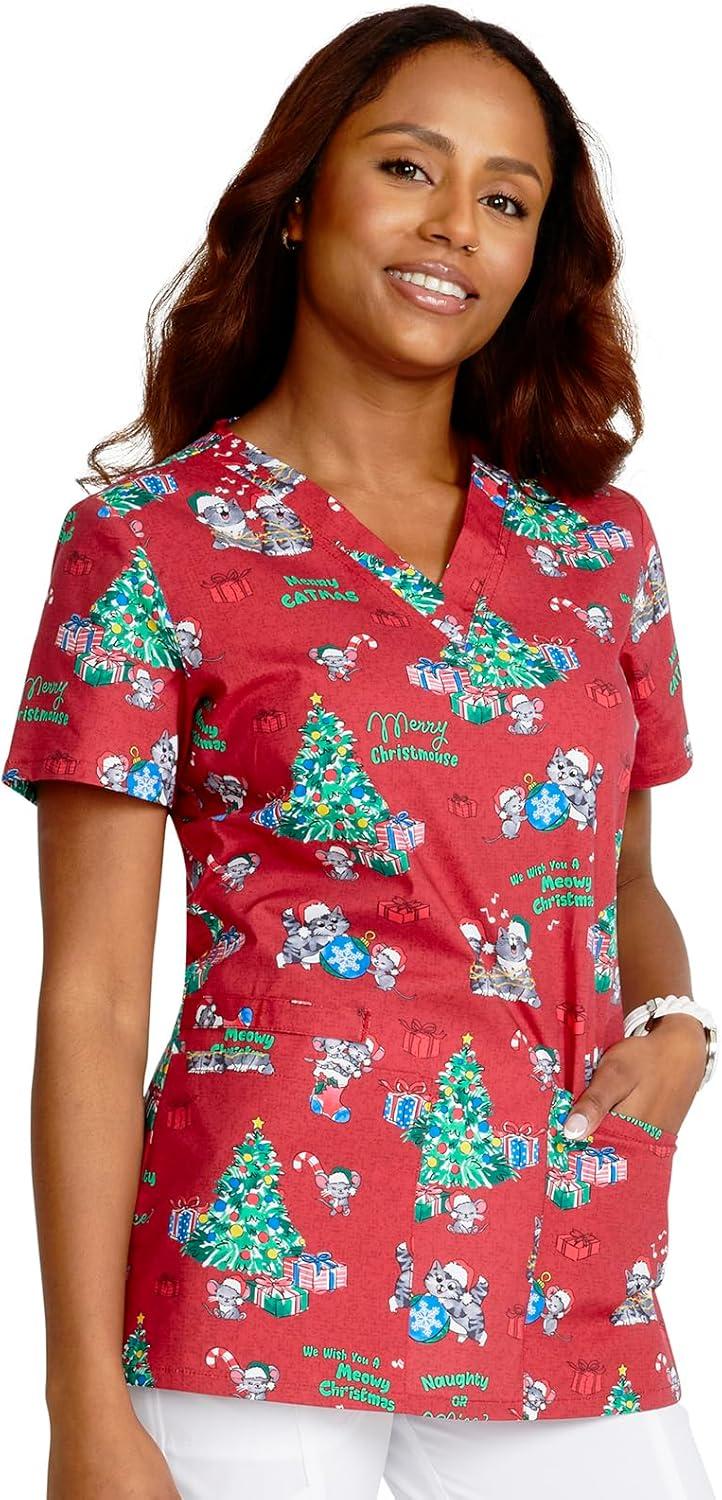 imageCherokee Prints Women Scrubs Top VNeck Print CK616Meowy Christmouse