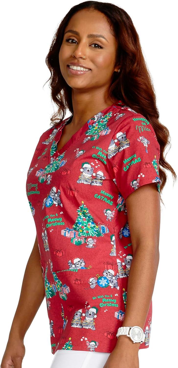 imageCherokee Prints Women Scrubs Top VNeck Print CK616Meowy Christmouse