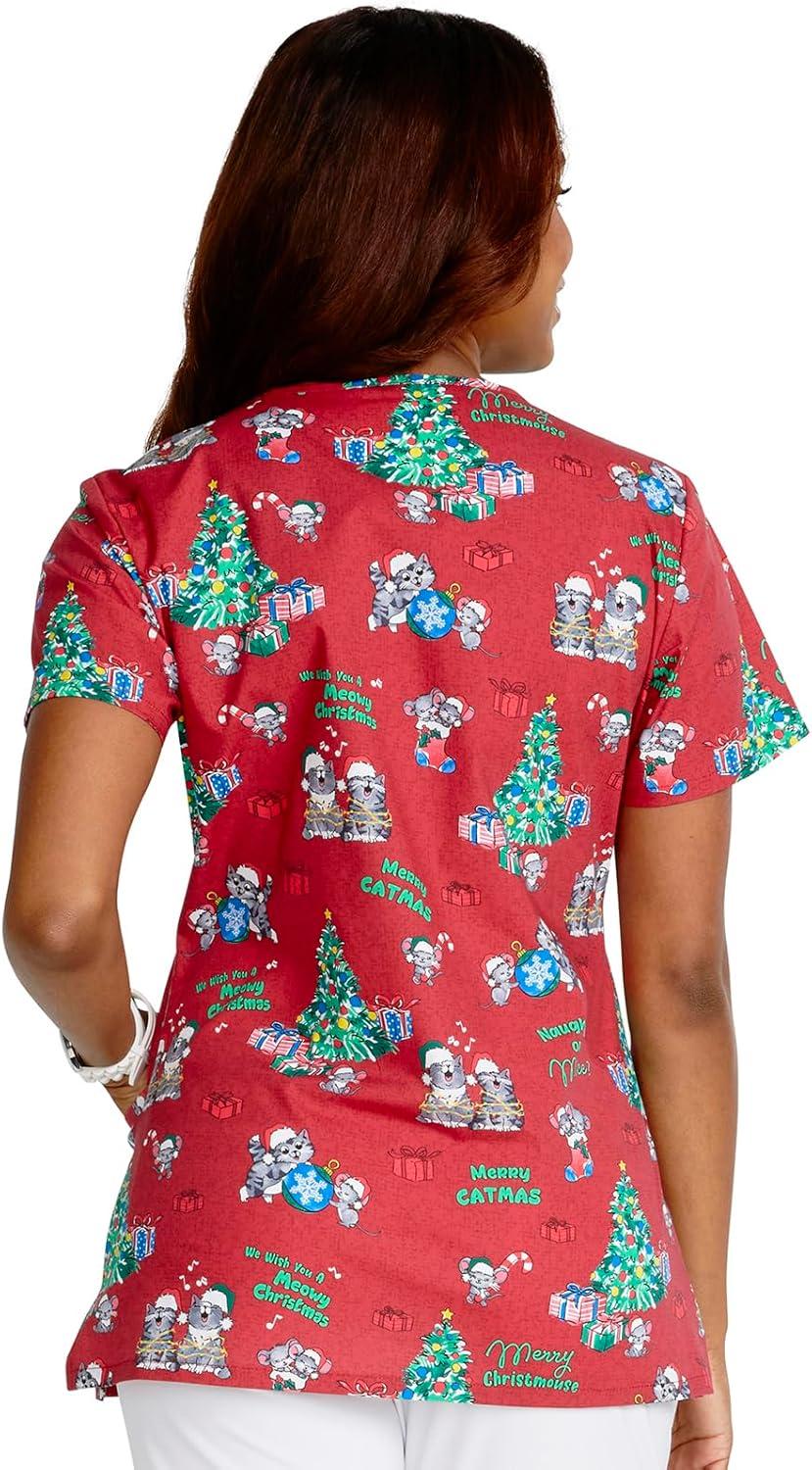 imageCherokee Prints Women Scrubs Top VNeck Print CK616Meowy Christmouse