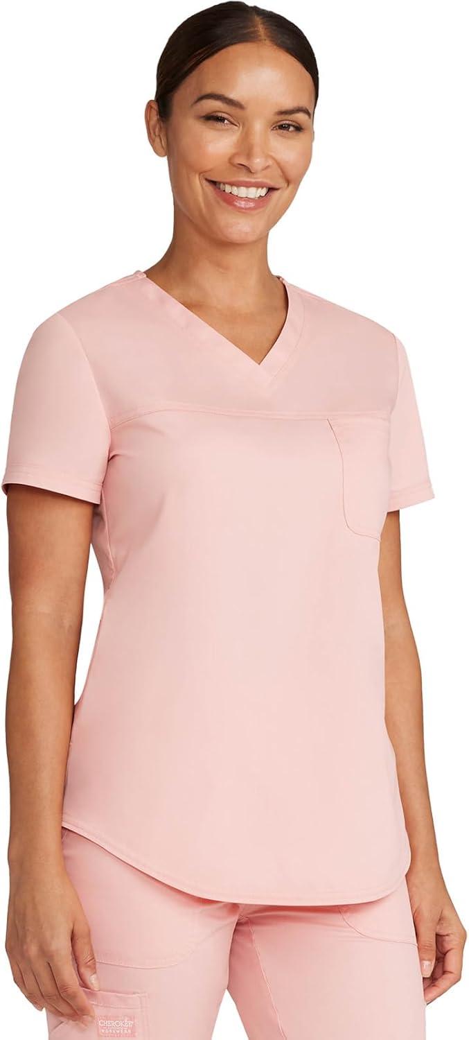 imageCherokee Scrubs for Women Tuckable VNeck OR Scrub Top with Chest PocketSoft StretchEasy Care Medical Uniform WW657Pink Essence